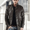 Men's Mid-length Leather Coat Stand Collar Fleece-lined Thickened