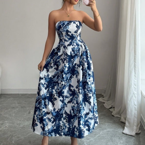Womens Strapless Printed Casual A Line Dress