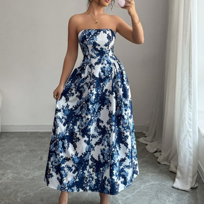 Womens Strapless Printed Casual A Line Dress