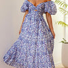 Elegant Figure-flattering High-end Dress With A Flared Silhouette Floral Print And Puffed Sleeves