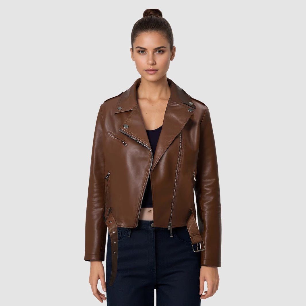 Giacca da motociclista in pelle PU semplice con cintura corta da donna