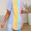 Contrast Color Striped Print Front Button Asymmetrical Hem Short Sleeve Shirt