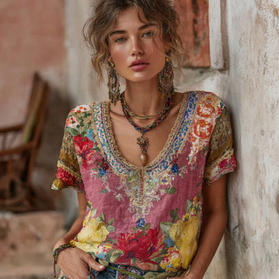 Printed Top  Women's Patchwork Round-neck Pullover Stylish T-shirt