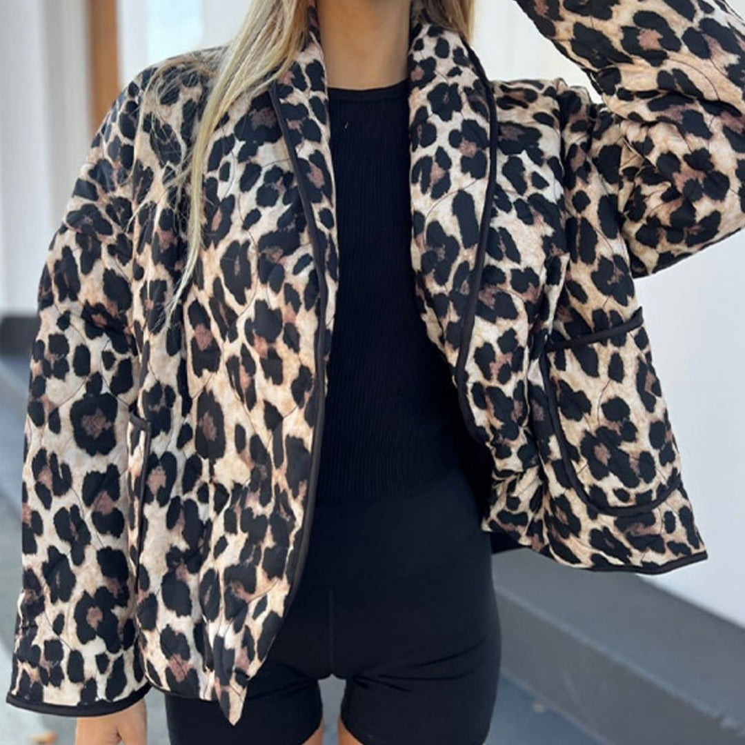 Cappotto da donna con risvolto, ampio e caldo, con stampa leopardata vintage