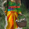 Vintage Printed V-neck Multi-color Long Sleeve Dress