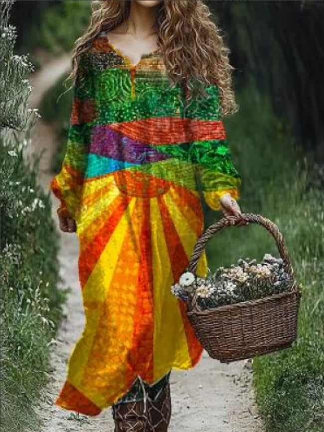 Vintage Printed V-neck Multi-color Long Sleeve Dress