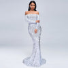 Vestito da sera sexy lungo con paillettes a maniche lunghe senza spalline