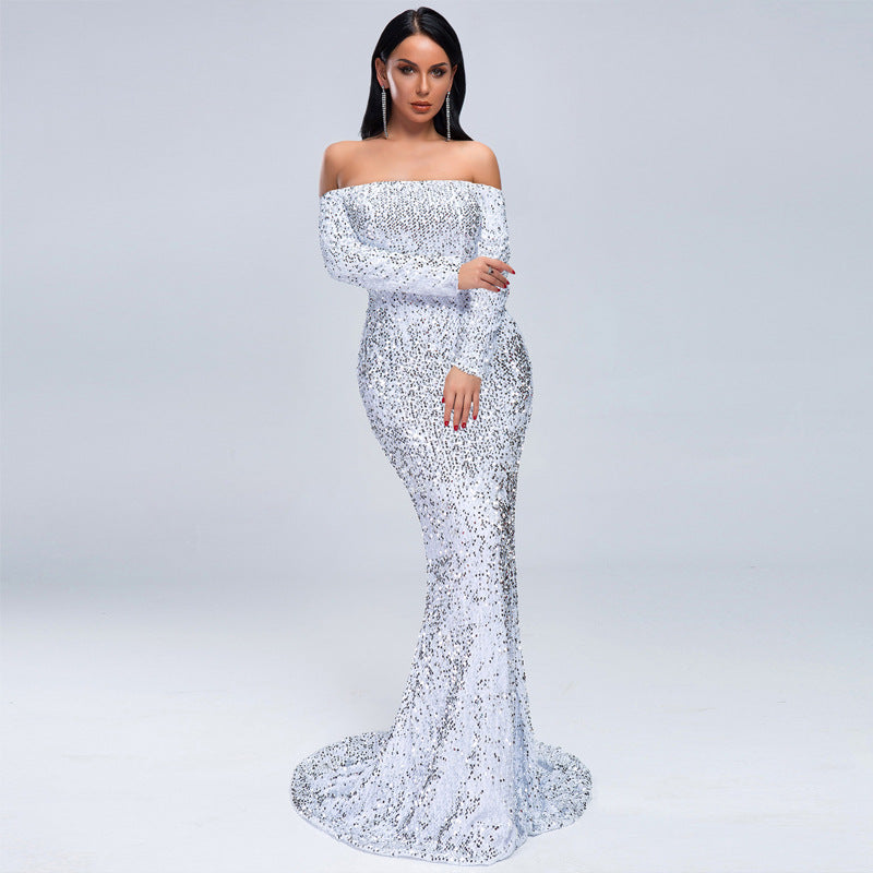 Vestito da sera sexy lungo con paillettes a maniche lunghe senza spalline