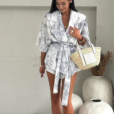 Womens Chinese-style Floral-print Top And Shorts Two-piece Set