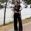 Casual Retro Contrast Color Long Sleeves Zipper Coat And Trousers Two-piece Set