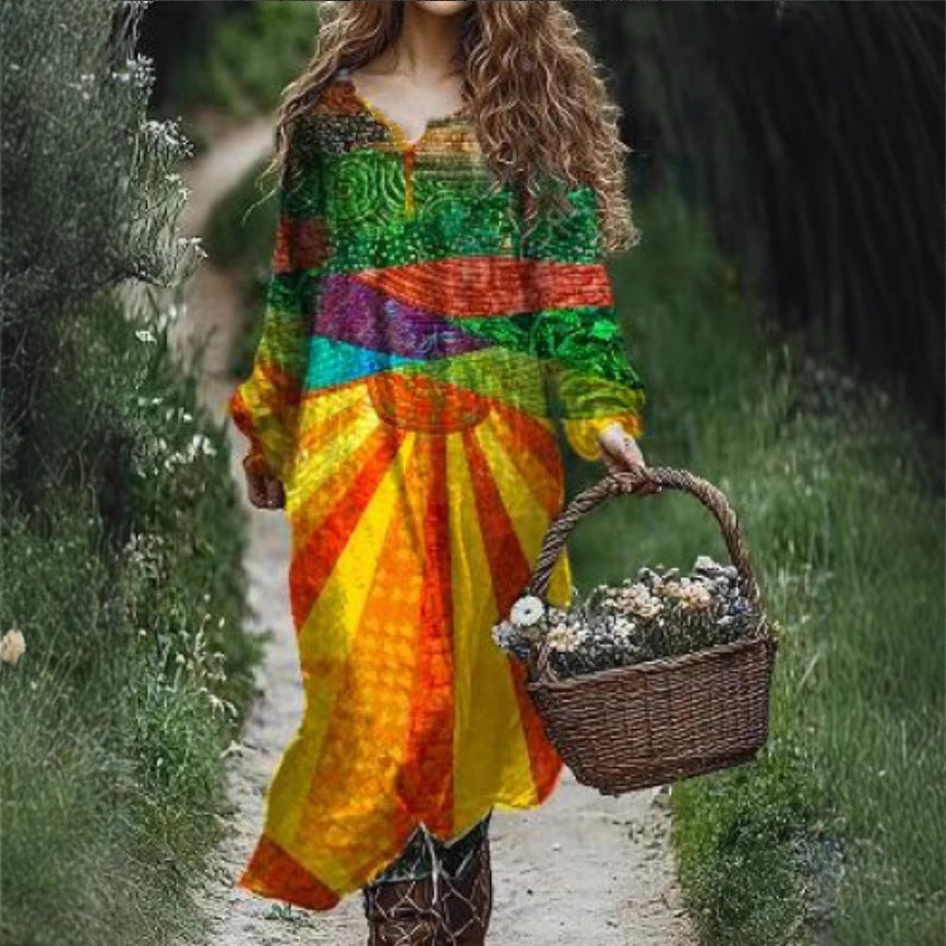 Vintage Printed V-neck Multi-color Long Sleeve Dress