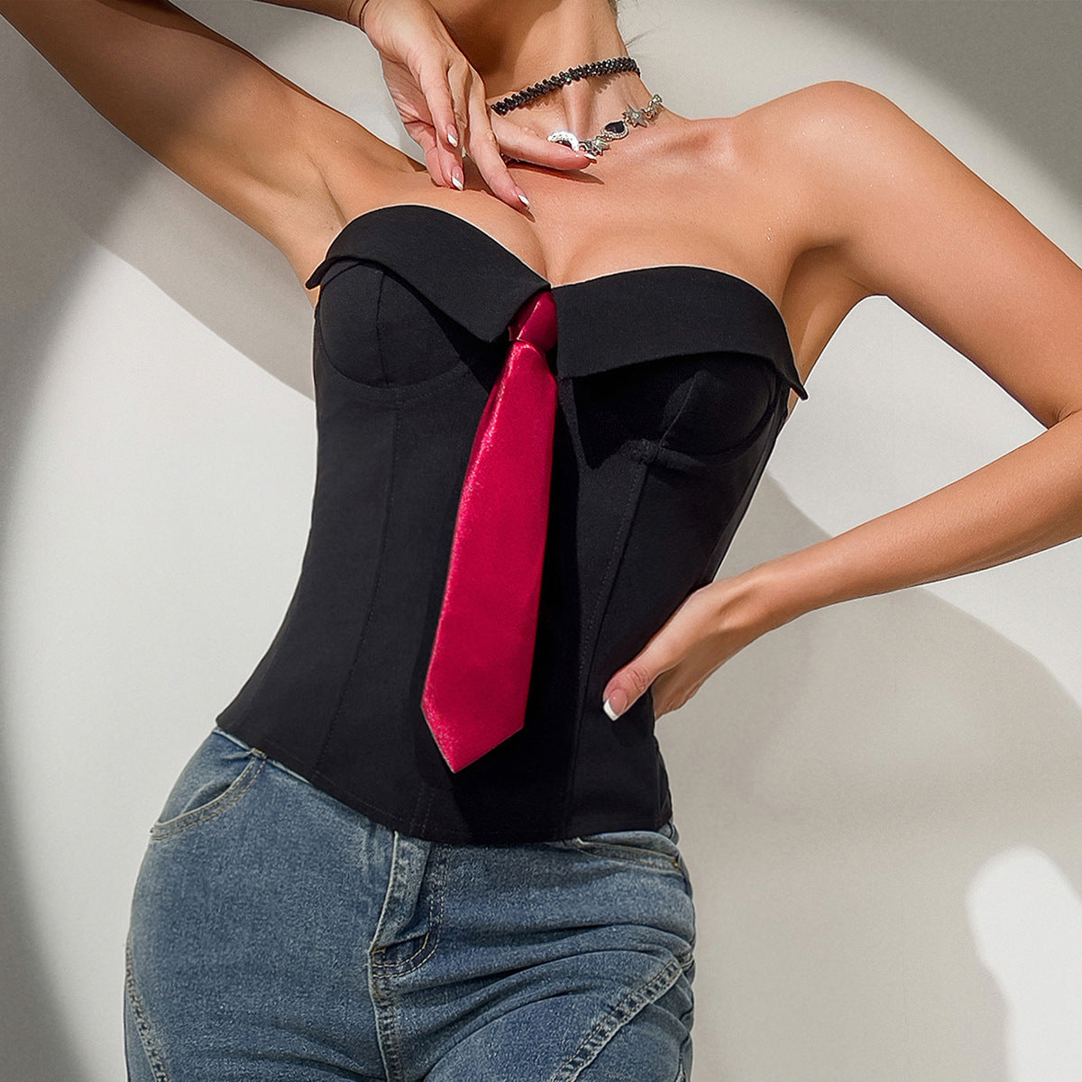 Y2k Bandeau Top With Faux-tied Design Ins Fashion Solid Color Vest For Women Clothing
