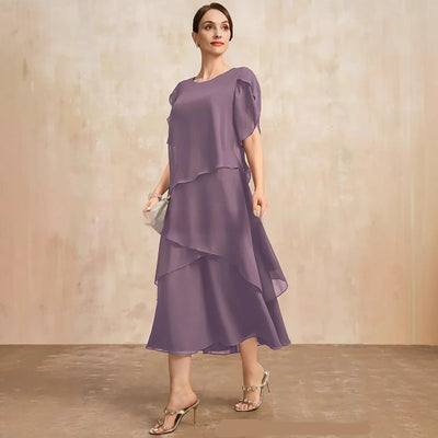 Womens Chiffon Loose Belly-Covering Layered Ruffle-Trim Dress