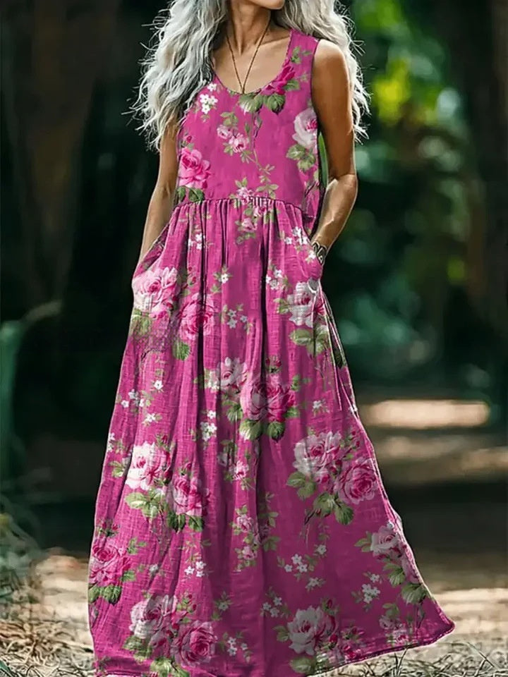 Womens Loose Fit Long Dress With Ocean Floral Print And Large Pockets