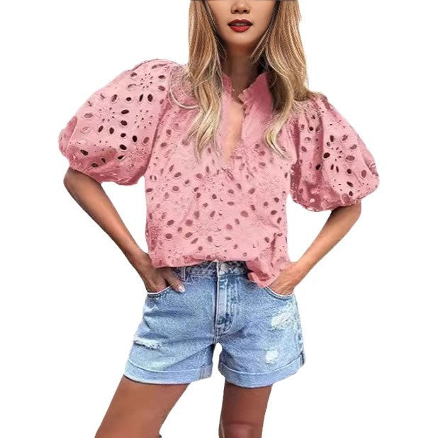 Top da donna casual elegante in pizzo traforato