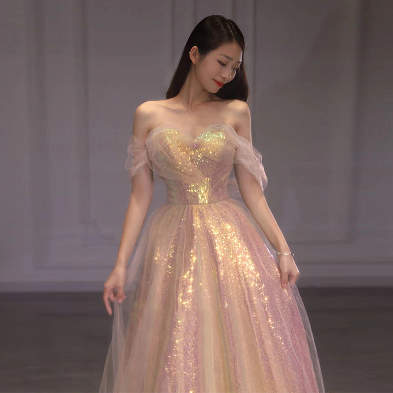 Abito da sera da donna a sirena con spalle scoperte, per banchetti e feste annuali, in nuova maglia modellante