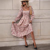 Womens Autumn Floral Square-Neck Long-Sleeve Dress