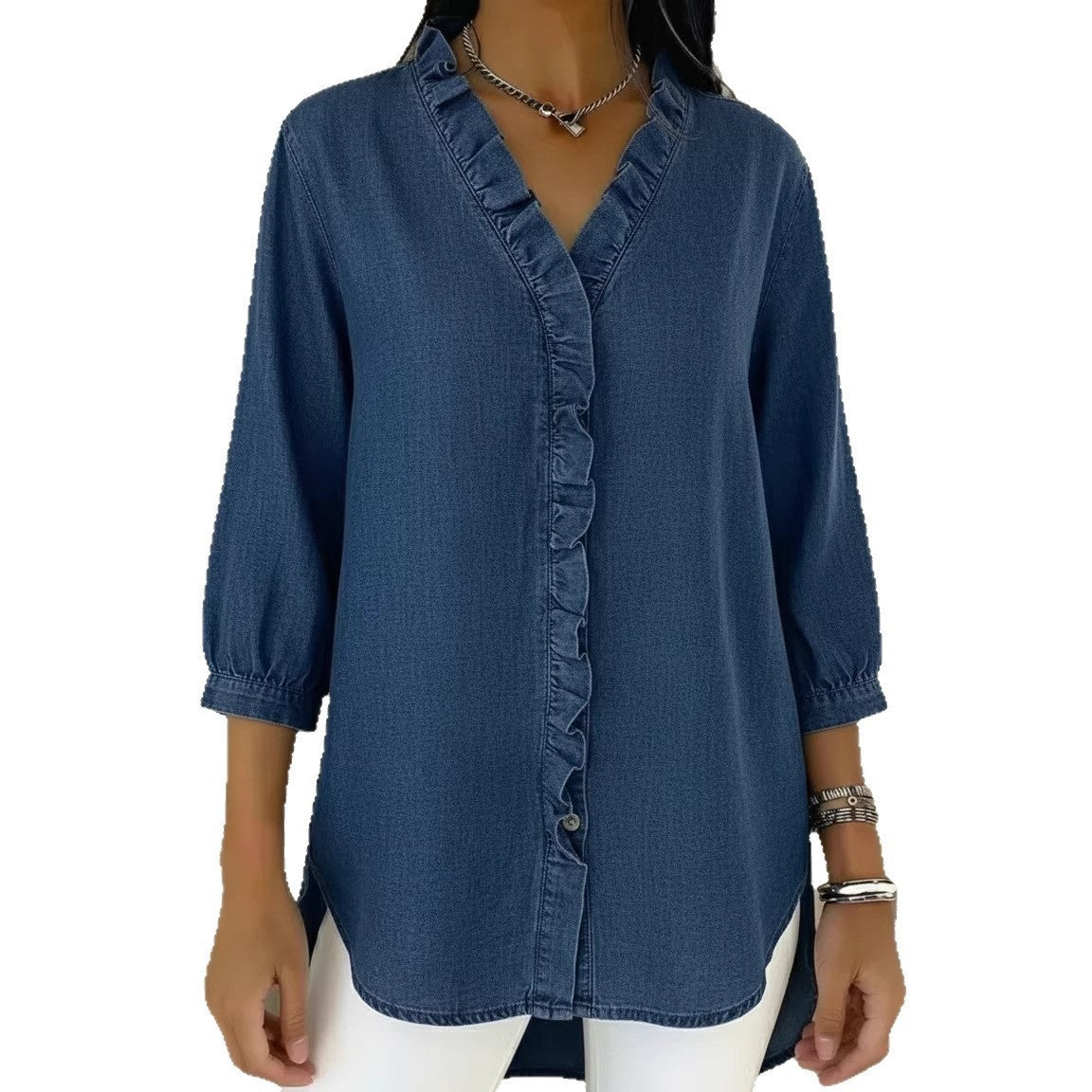 Camicia da donna casual con scollo a V e balze in stile denim