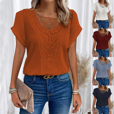 Independent Site Hollowed Lace Patchwork Plus-size Short-sleeve T-shirt Cross-border