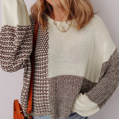 Dark Khaki Color Block Back Tie Drop Shoulder Loose Sweater