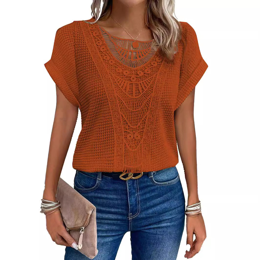 T-shirt a maniche corte taglie forti con patchwork di pizzo traforato, sito indipendente, transfrontaliero