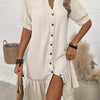 Womens Solid-Color Single-Breasted New Puff-Sleeve Dress
