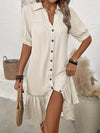 Womens Solid-Color Single-Breasted New Puff-Sleeve Dress