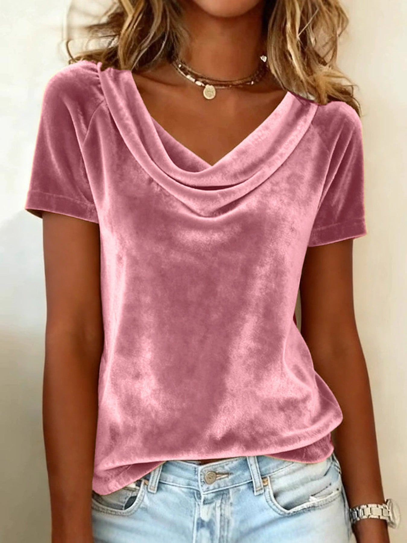 Nuova T-shirt in velluto sexy a maniche corte, girocollo, tinta unita
