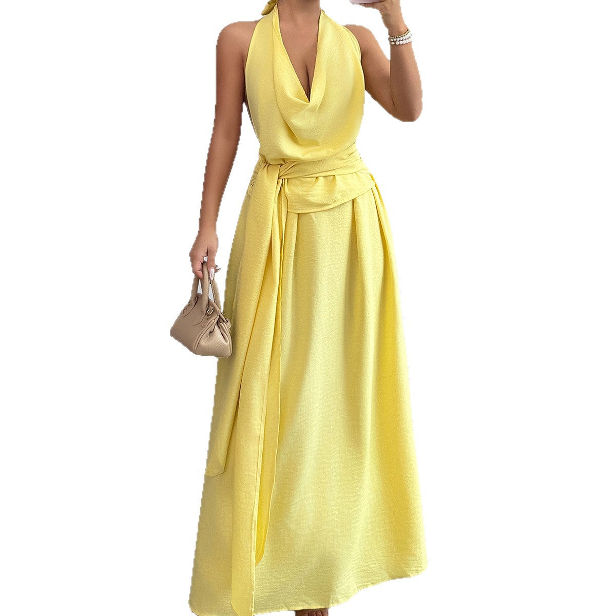 Womens Solid-Color Elegant French-Style Resort Halter Dress