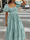 Plaid Square-neck Puffed-sleeve Pleated Dress