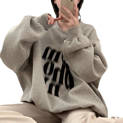 Printed Design Contrast Color Loose Casual Long Sleeves Pullover Sweater