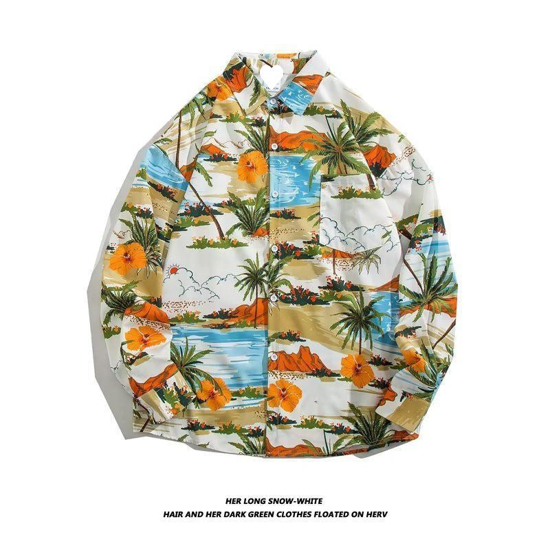 Men's Loose Hong Kong Style Retro Long Sleeve Printed Shirt