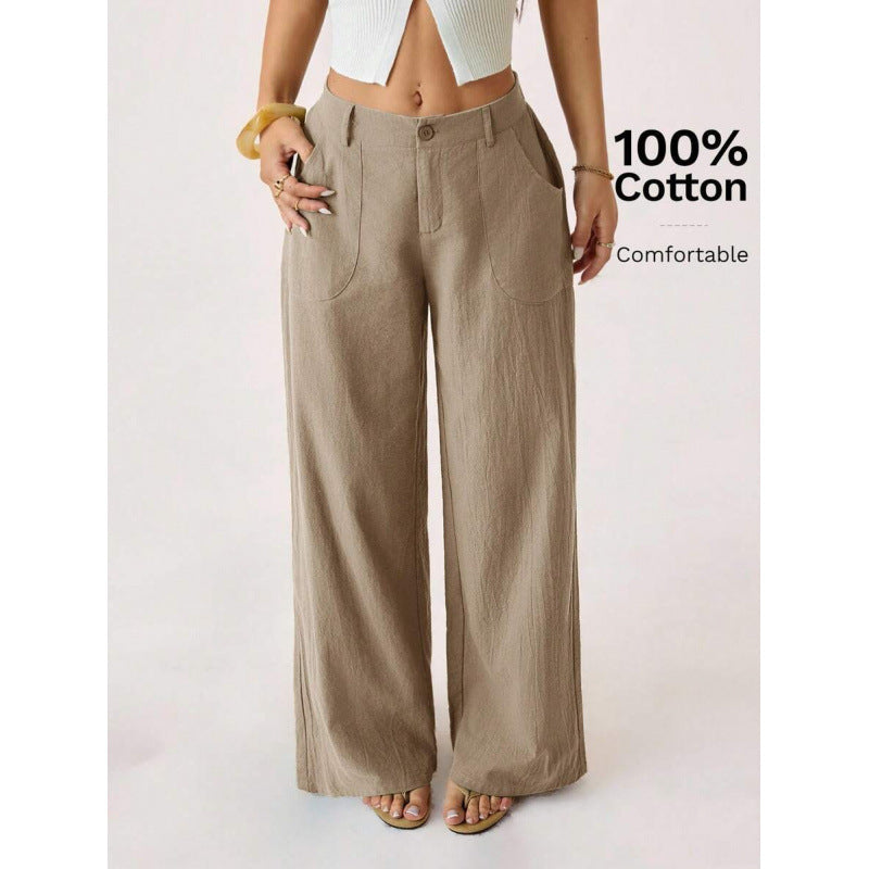 Nuovi pantaloni ampi da donna in misto cotone-lino a vita media, casual, per il pendolarismo
