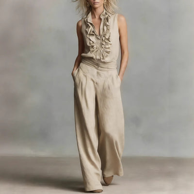 Linen-blend Sleeveless Shirt And Wide-leg Pants Set