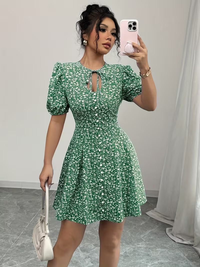 Womens Fashionable Printed Slim-Fit Pleated Dress