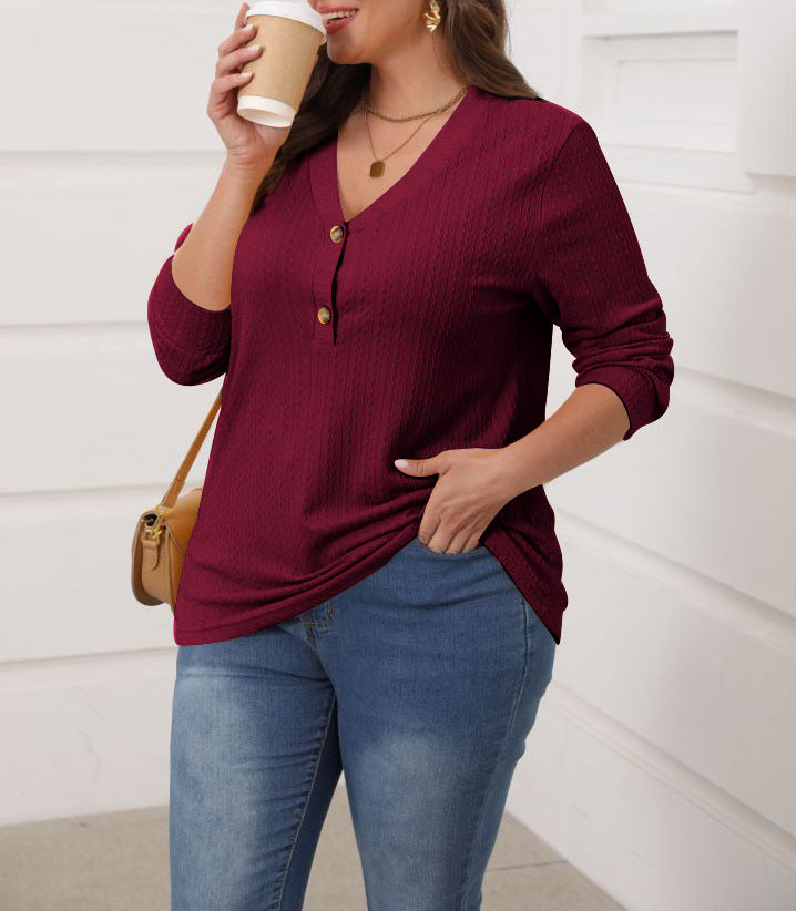 Camicia casual chic a maniche lunghe con scollo a V e bottoni in tinta unita