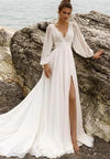 Abito da sposa a vita alta taglie forti profondo scollo a V a maniche lunghe con spacco alto e schiena scoperta in stile europeo e americano