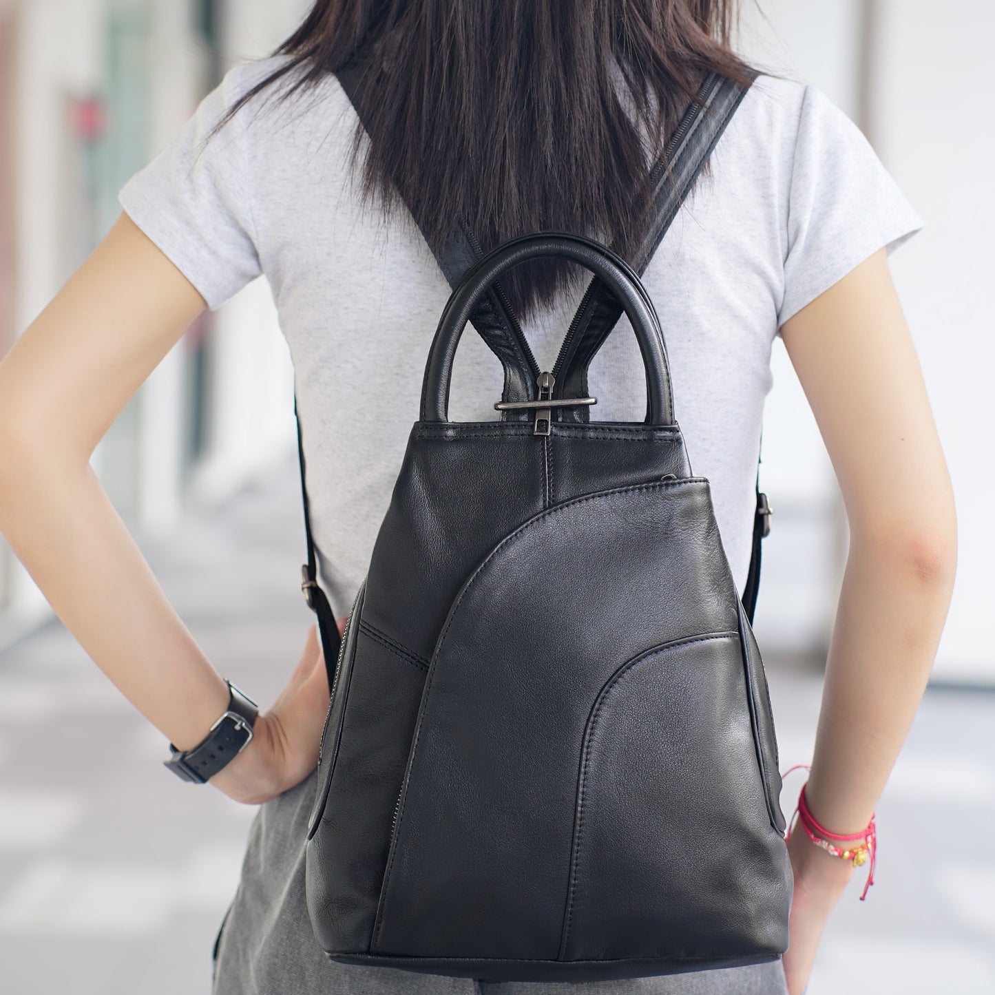 Zaino da donna multifunzionale in pelle bovina con primo strato, grande capacità