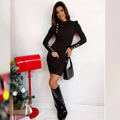 Abito corto da donna con bottoni decorativi in ​​tinta unita e maniche lunghe