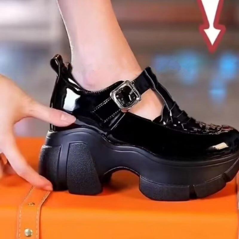 Genuine Leather Outdoor Comfortable Patent Leather Chunky Heel Closed Toe Coros Roman Shoes