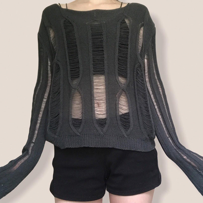 Maglione casual ampio con scollo rotondo e maniche lunghe traforate