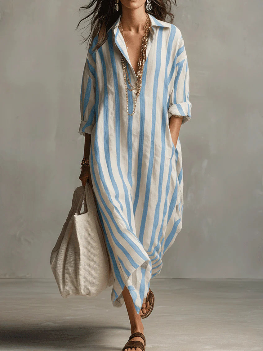 Loose V-neck Long Striped Shirt Dress