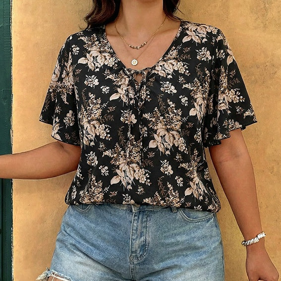 Camicetta in chiffon a maniche a balze con scollo a V e allacciatura taglie forti