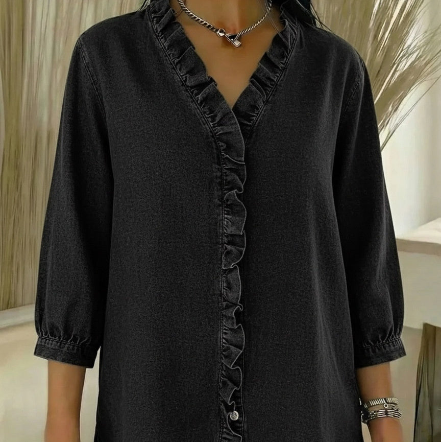 Camicia da donna casual con scollo a V e balze in stile denim