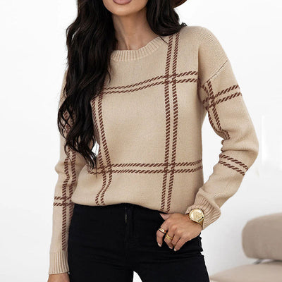 Women's Casual Plaid Color-block Crew Neck Sweater