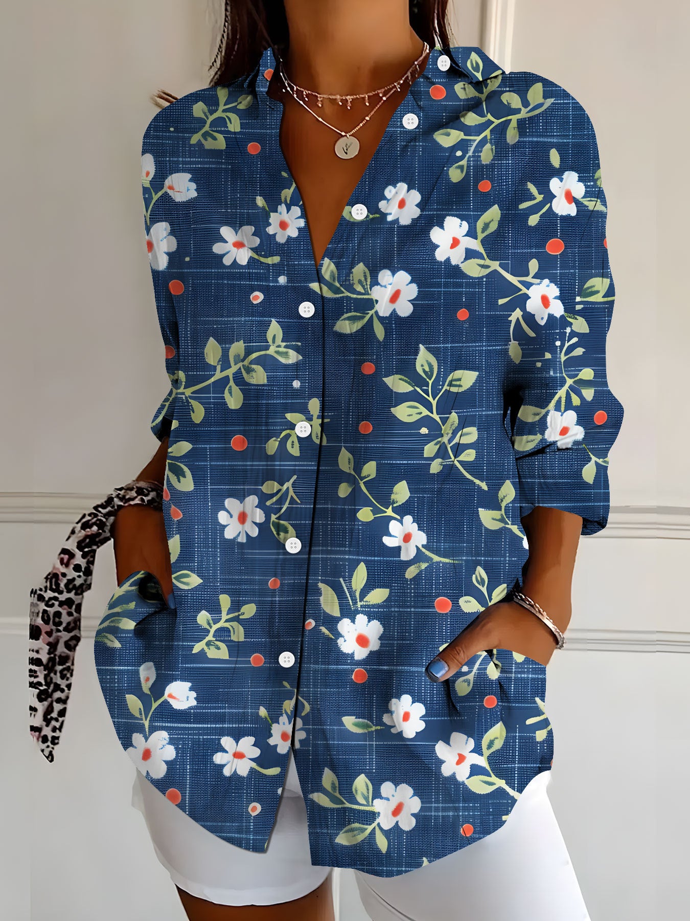 Camicia da donna a maniche lunghe, stampa floreale retrò ed elegante