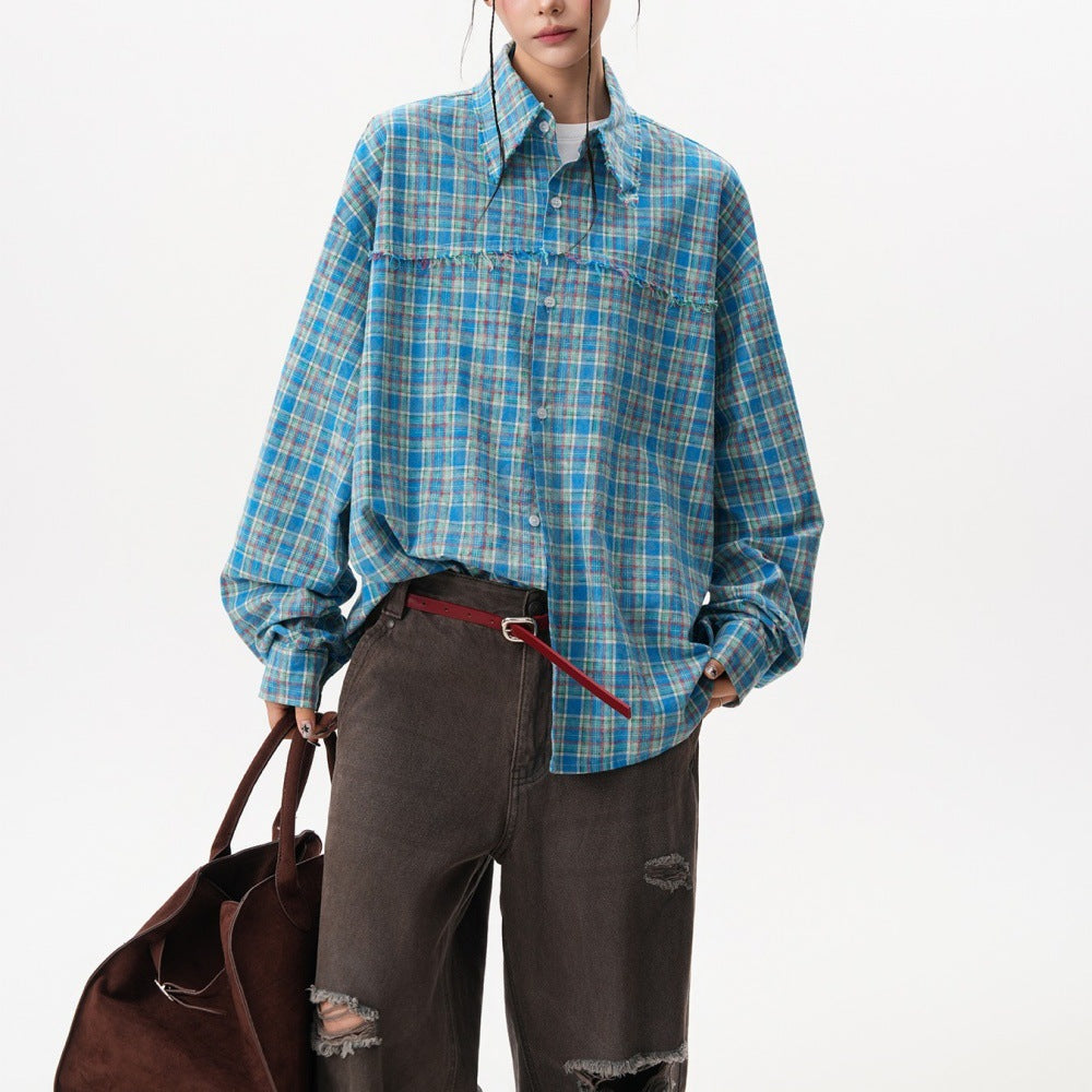 Giacca-camicia a maniche lunghe in fantasia scozzese trendy stile americano