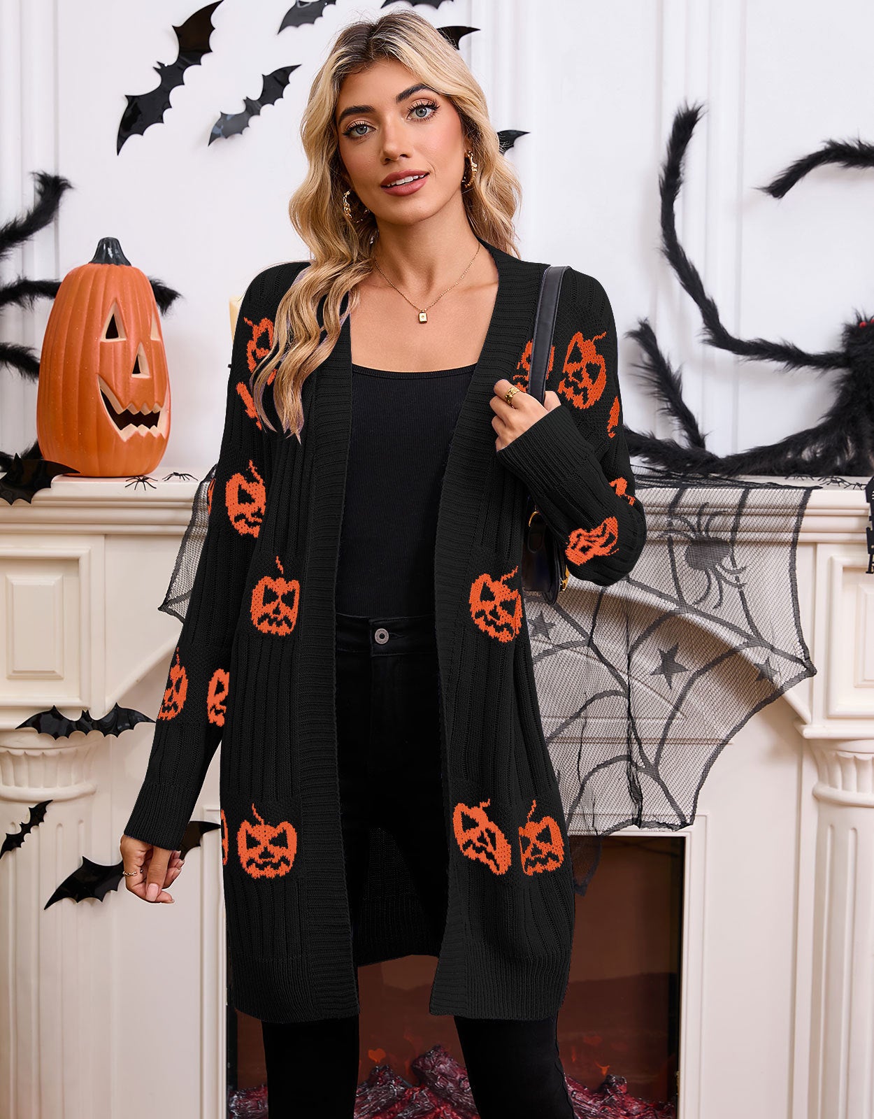 Women's Halloween Pumpkin Head Jacquard Knitted Cardigan Coat Sweater