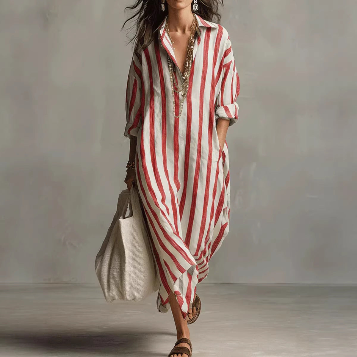 Loose V-neck Long Striped Shirt Dress