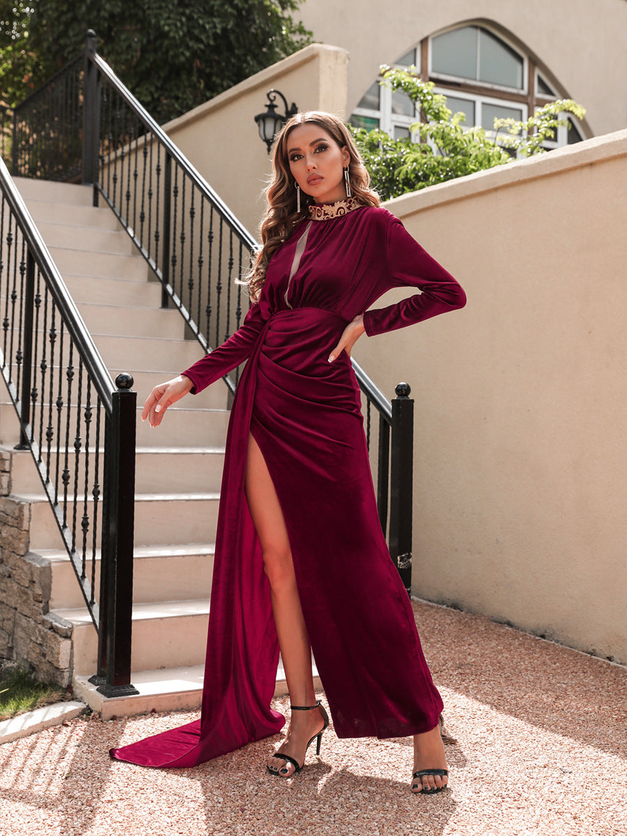 Vestito da sera sexy a collo alto in velluto coreano da donna